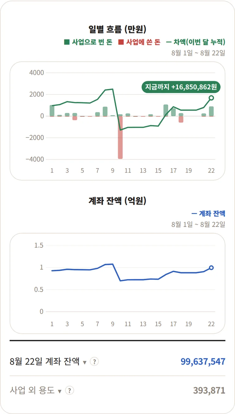 앱의 일별 흐름 화면. 8월 1일부터 22일까지 날마다 번 돈과 쓴 돈이 막대로, 그 달 첫날부터 쌓인 차액이 선으로 그려지고, 아래에 계좌 잔액 그래프와 그날 계좌 잔액, 사업 외 용도 금액이 이어집니다.